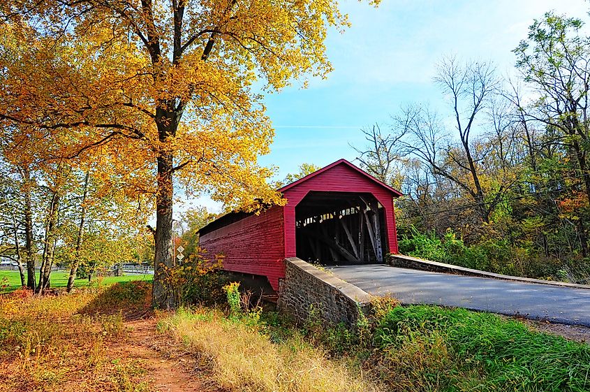 Covered bridge in Thurmont, Maryland, in the fall.