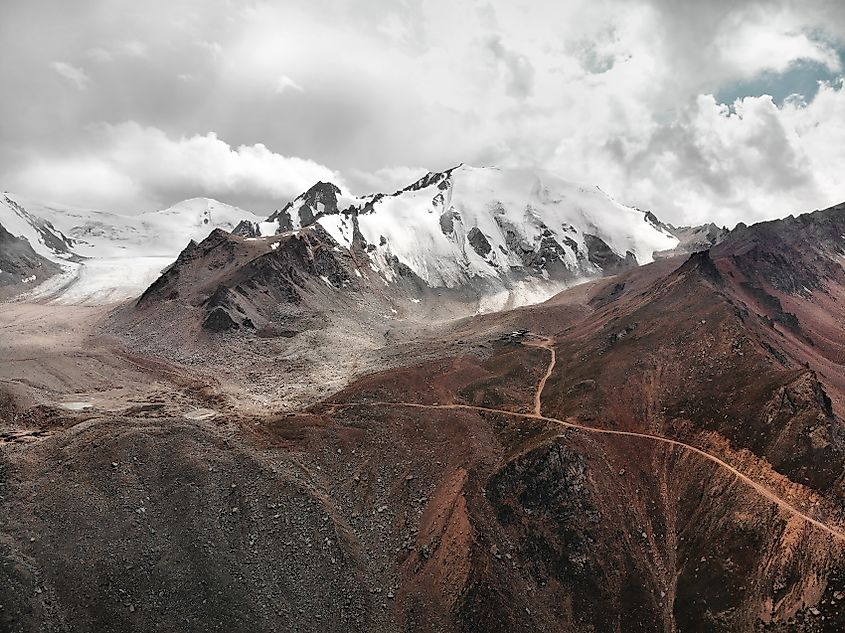 Aerial panoramic view of a mountain valley in the Tien Shan Mountains, Almaty, Kazakhstan.
