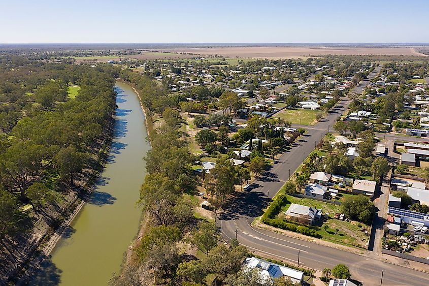 Aerial view of the Darling River and the town of Bourke, New South Wales