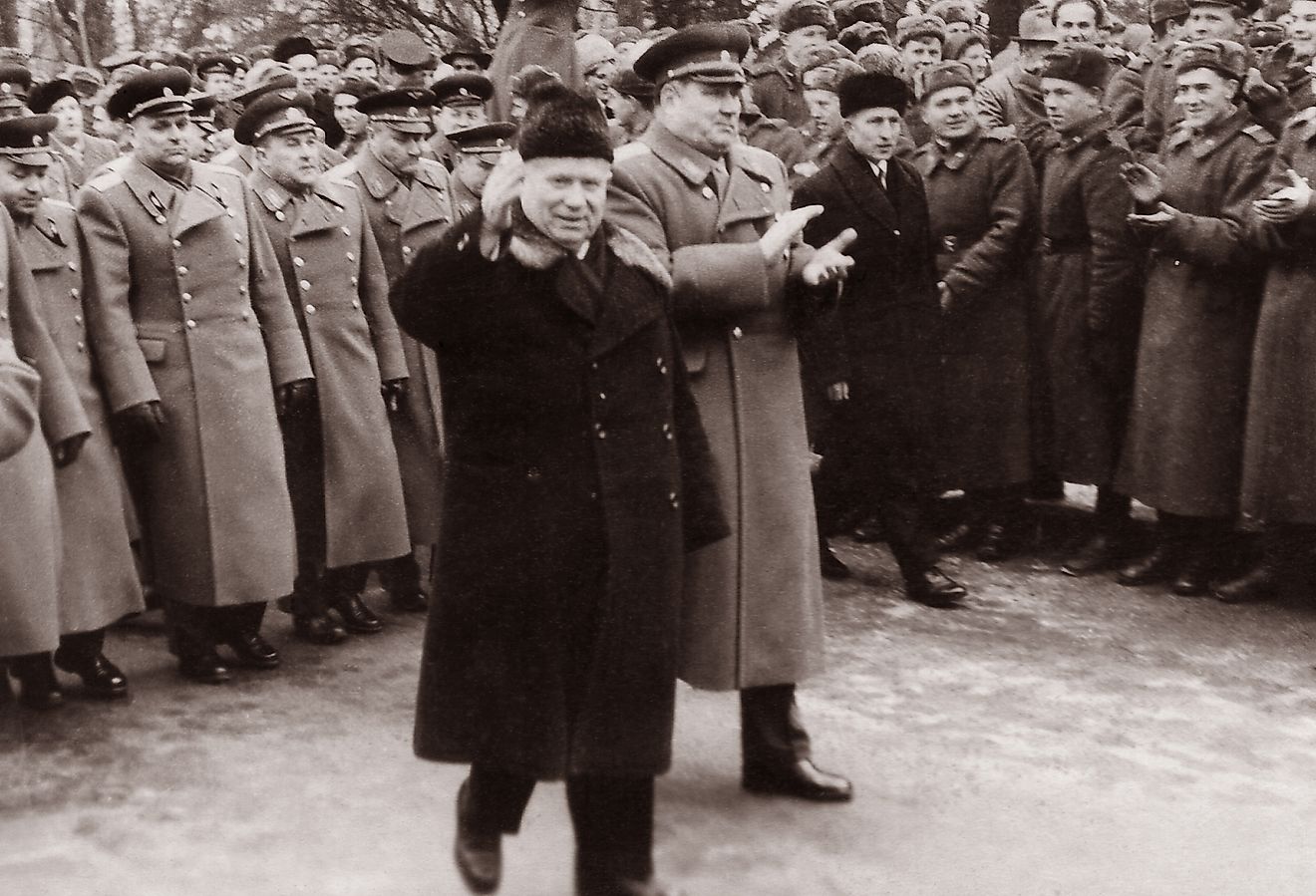 Khrushchev N. S. at a meeting of soldiers of the GSVG garrison. Soldiers and military commanders meet the General Secretary of the CPSU Central Committee (Editorial credit: Antares_NS / Shutterstock.com)