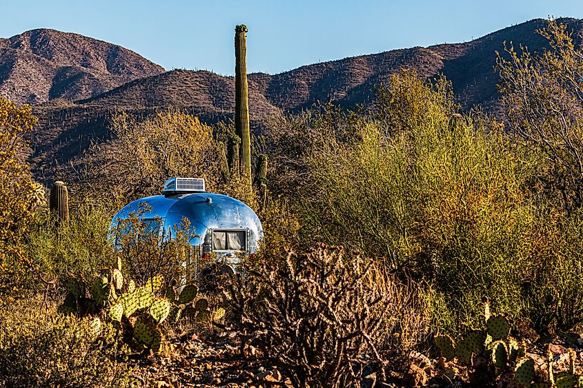 A camper trailer amongst the cactus in a beautiful desert landscape in Tucson, Arizona.