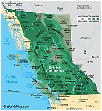 Physical Map of British Columbia. It shows the physical features of British Columbia, including mountain ranges, notable rivers, and major lakes. 