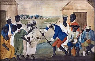 	"The Old Plantation," South Carolina, about 1790. This famous painting shows Gullah slaves dancing and playing musical instruments derived from Africa. 