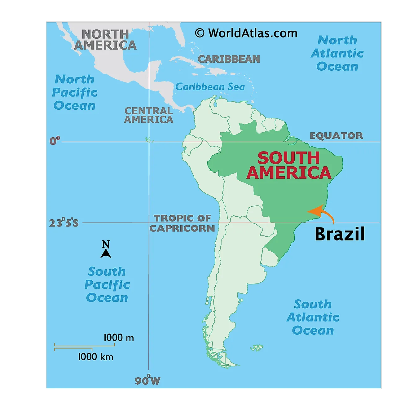 Map showing location of Brazil in the world.