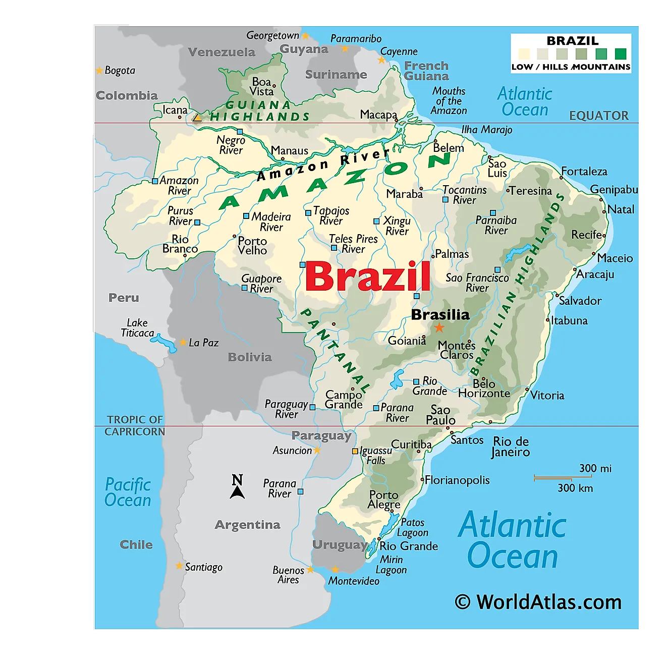 Physical Map of Brazil showing relief, rivers, mountains ranges, major lakes, important cities, bordering countries, and more.