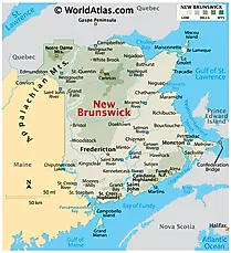 Physical Map of New Brunswick. It shows the physical features of New Brunswick, including mountain ranges, important rivers, major lakes, and islands.