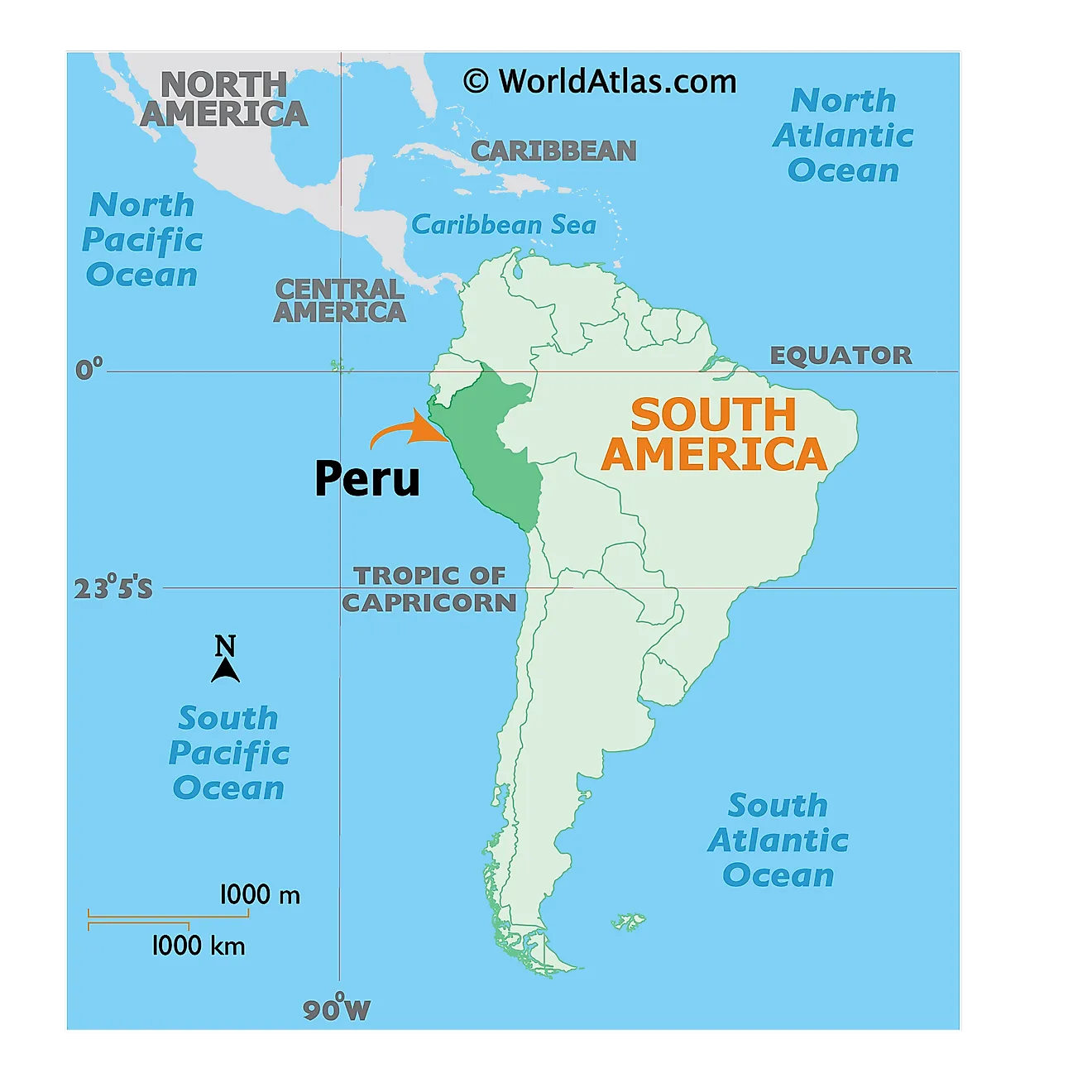 Map showing location of Peru in the world.