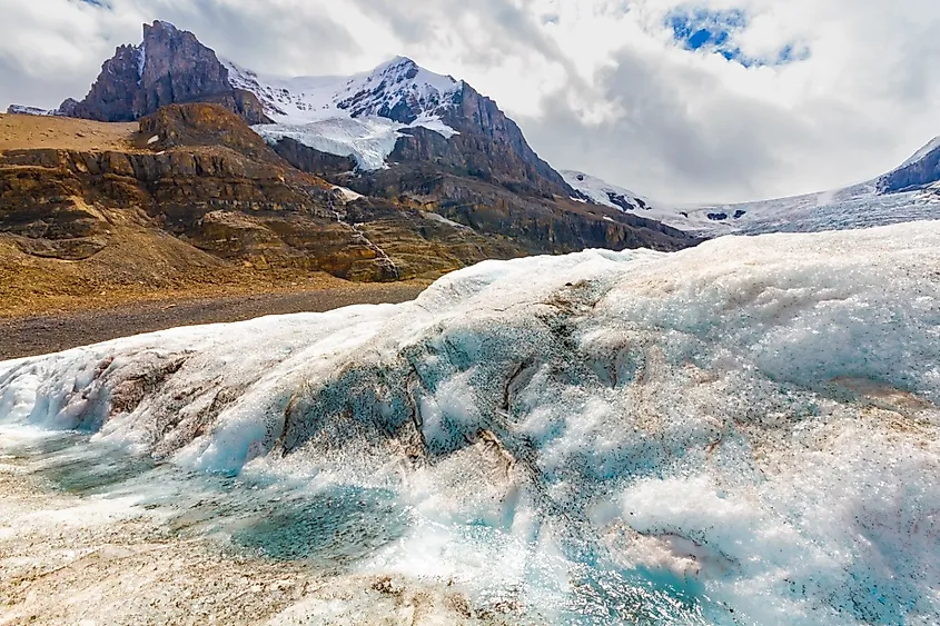 The ice field and the Athabasca Glacier, Columbia Icefields, Alberta, Canada, in the Rocky Mountains.