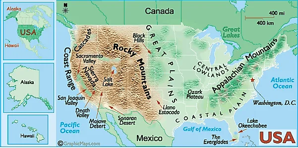 US landform map showing mountain ranges